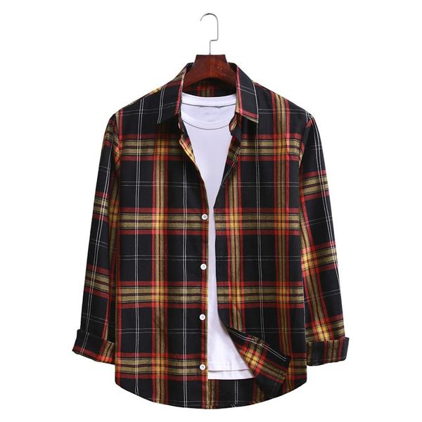 plaid print men's shirts streetwear long sleeve harajuku shirts for men casual button down slim fit blouse chemise homme, White;black
